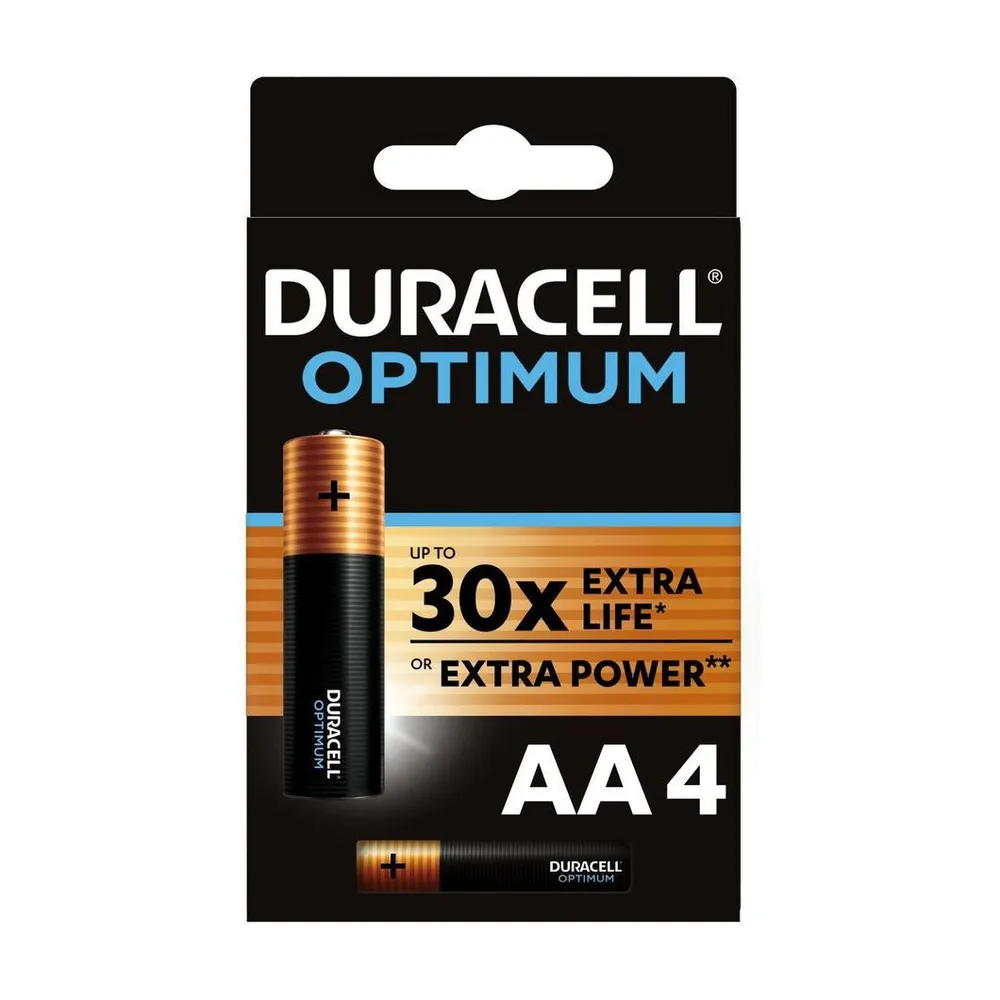 

Батарейка (4шт) пальчиковая DURACELL LR6 (AA) Optimum 1.5В щелочная(алкалиновая)(бл4), Optimum АА