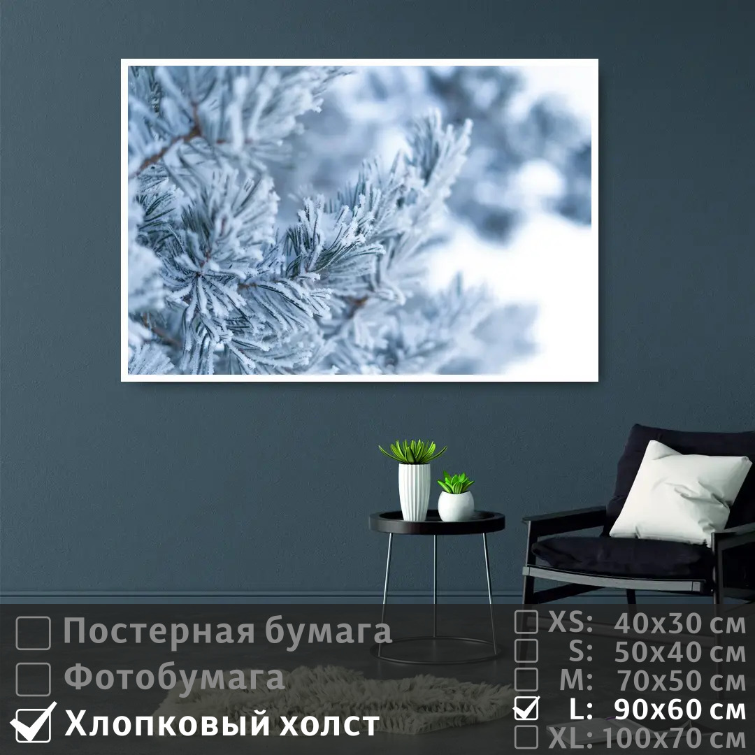 

Постер на холсте ПолиЦентр Ветка сосны в зимнем лесу 90х60 см, ВеткаСосныВЗимнемЛесу