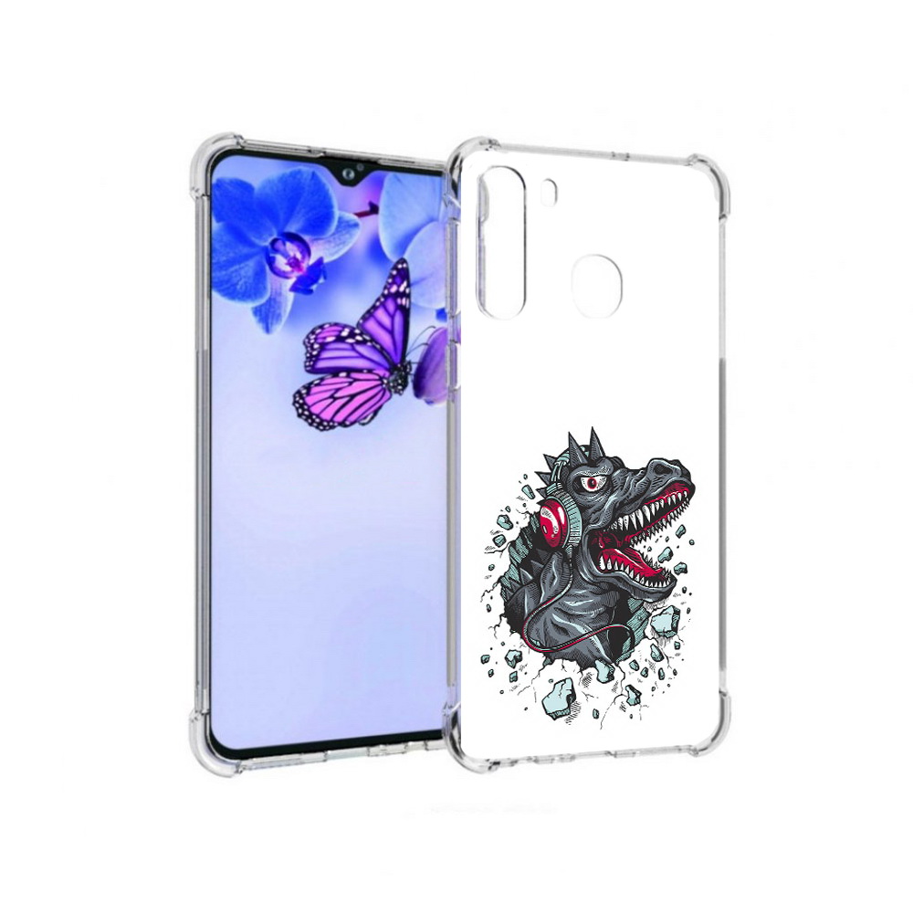 

Чехол MyPads Tocco для Samsung Galaxy A21 Нарисованный динозавр в наушниках, Прозрачный, Tocco