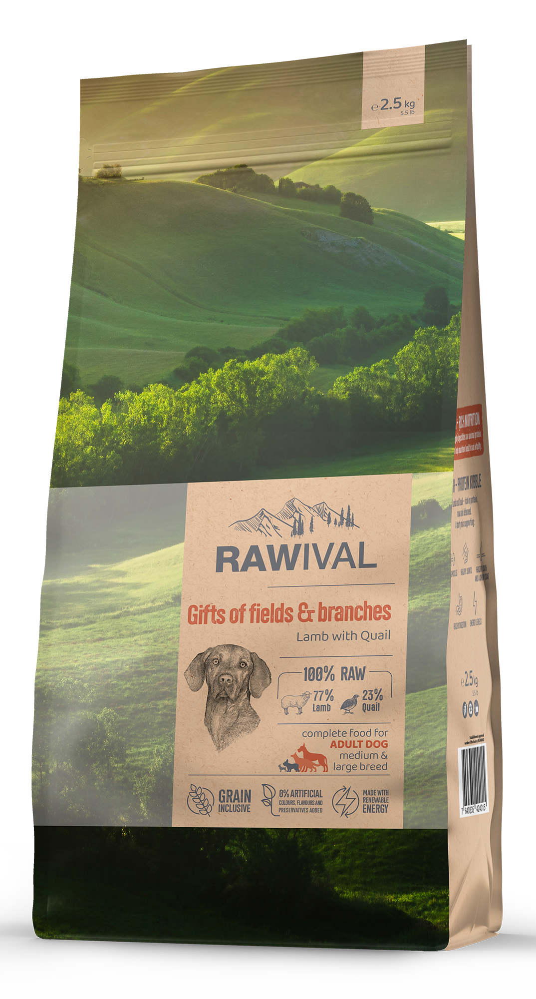 Сухой корм для собак RAWIVAL, для средних и крупных пород, ягненок с перепелом, 2,5 кг