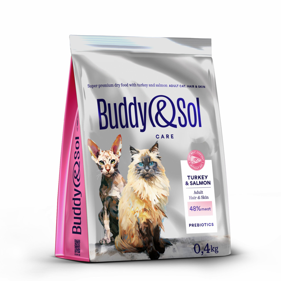 Сухой корм для кошек Buddy&Sol Care Hair&Skin, с индейкой и лососем, 400 г