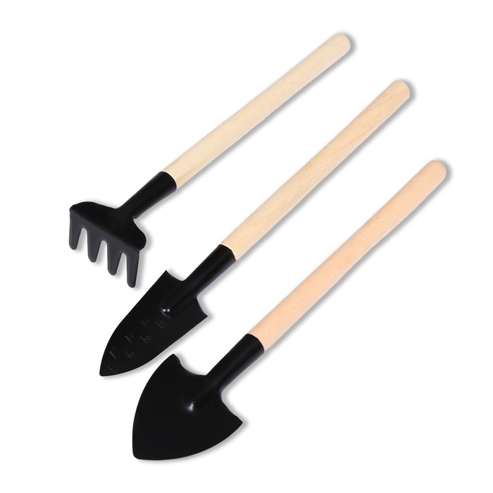 фото Набор инструментов, 3 предмета: грабли, 2 лопатки, длина 24 см, деревянные ручки greengo