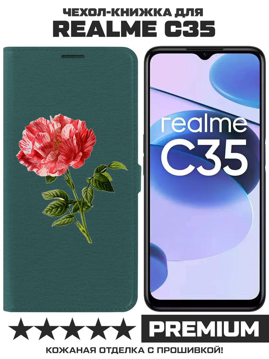 

Чехол-книжка Krutoff Eco Book для Realme C35 Рисованная роза (зелёный опал), Зеленый