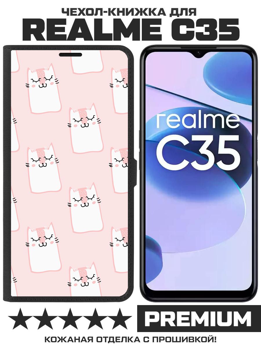 Чехол-книжка Krutoff Eco Book для Realme C35 Котики паттерн (черный)