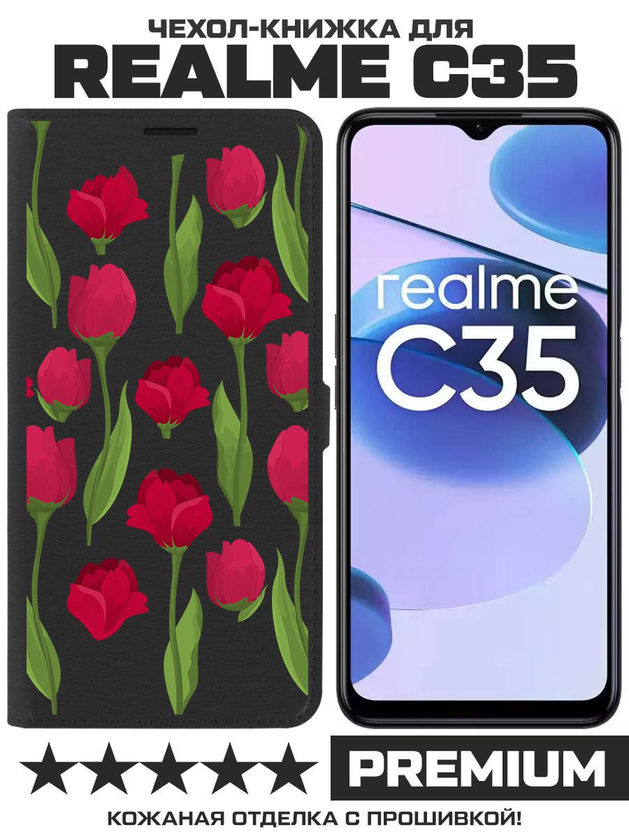 

Чехол-книжка Krutoff Eco Book для Realme C35 Розы паттерн (черный)