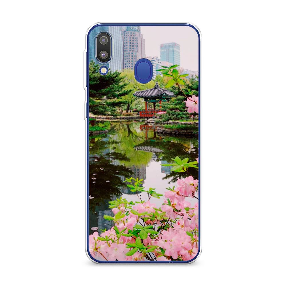 

Чехол на Samsung Galaxy M20 "Сакура возле озера", Зеленый;розовый;голубой, 27450-2