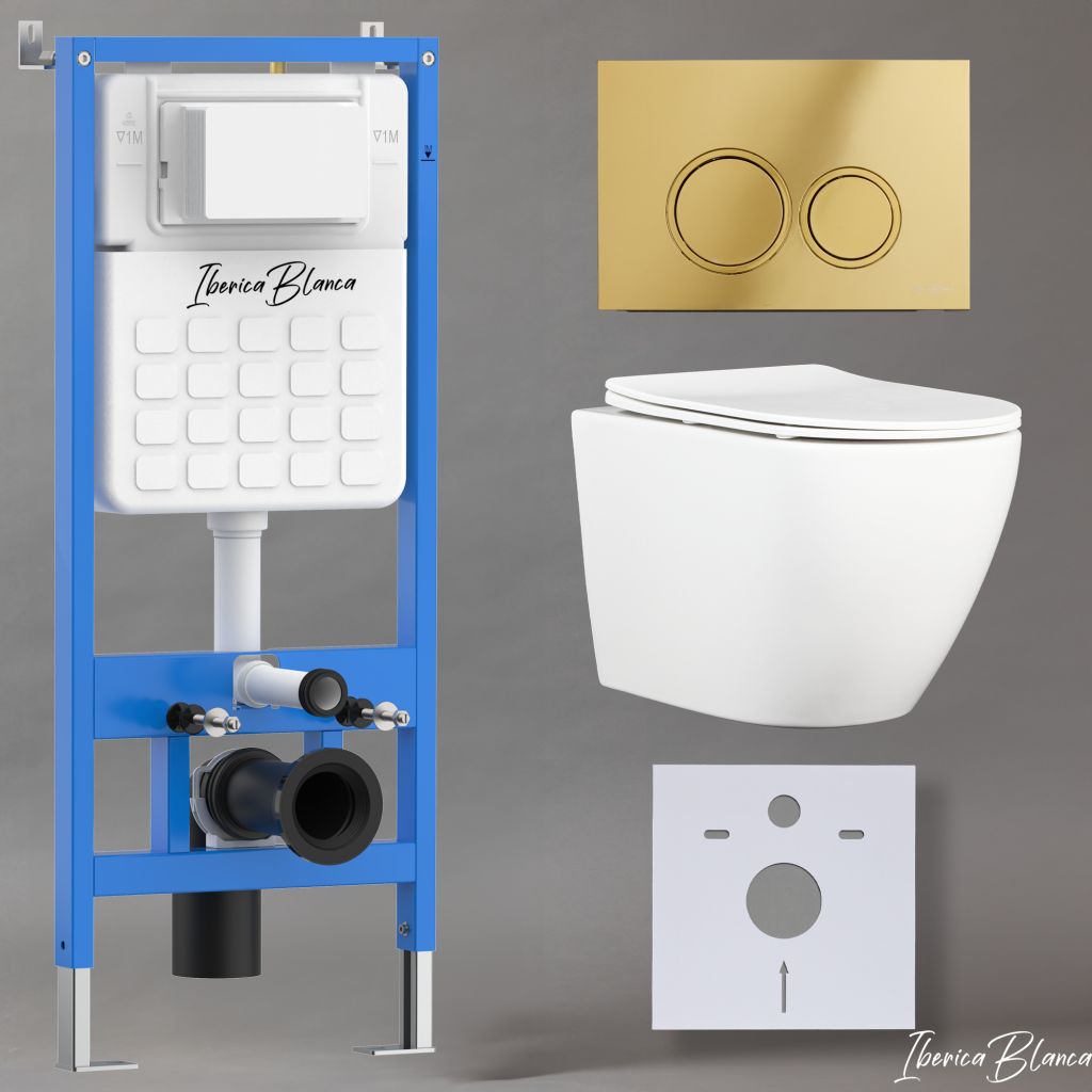 

Инсталляция + унитаз безободковый белый IBERICA BLANCA, клавиша золото глянцевый