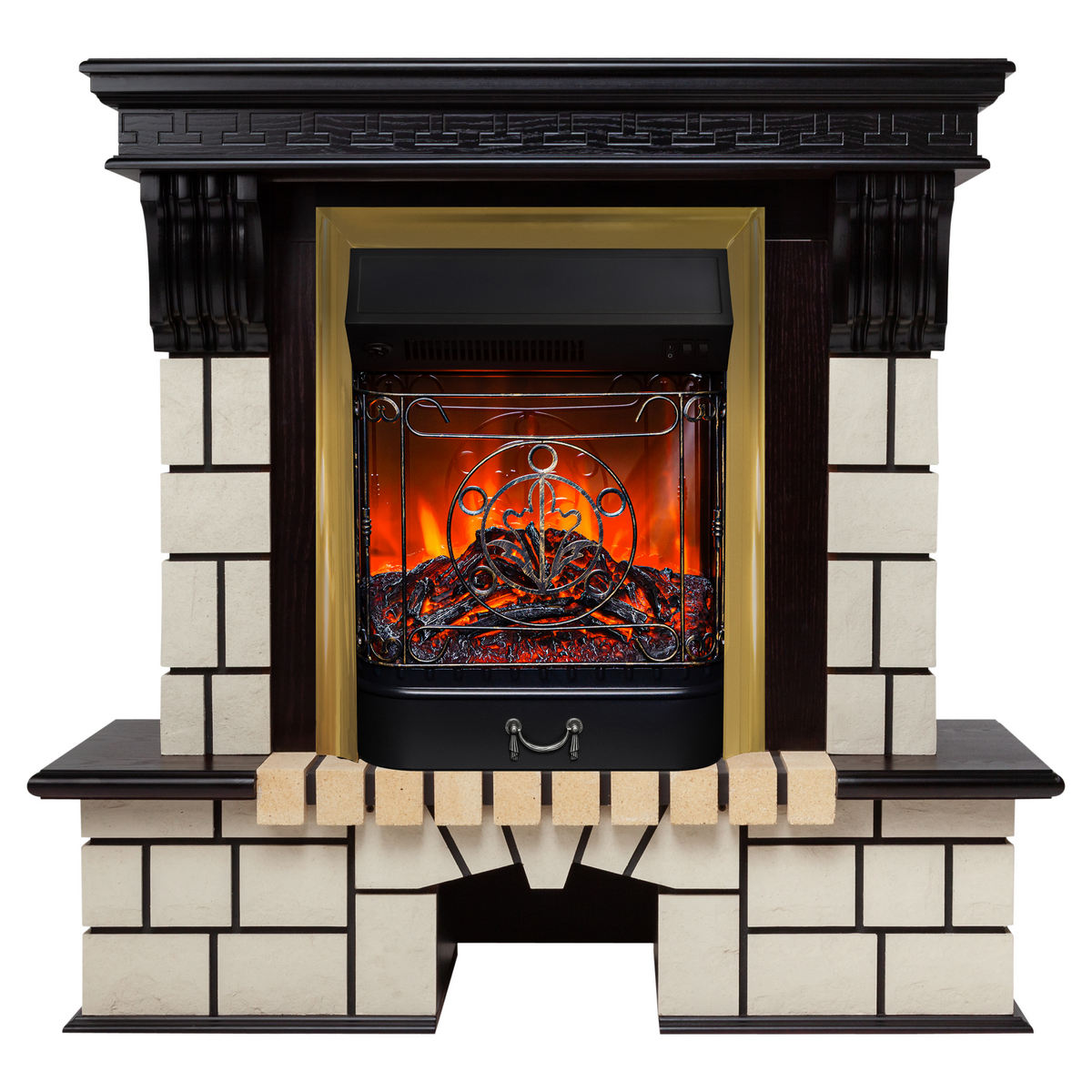 

Электрокамин RealFlame Stone AO с Majestic Lux BR, звук потрескивания дров, Электрокамин Stone STD AO с очагом Majestic Lux Brass
