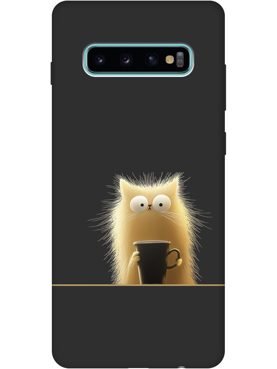 

Силиконовый чехол на Samsung Galaxy S10+ с принтом "Котик с кружкой" матовый черный, Золотистый;белый;черный, 720461112