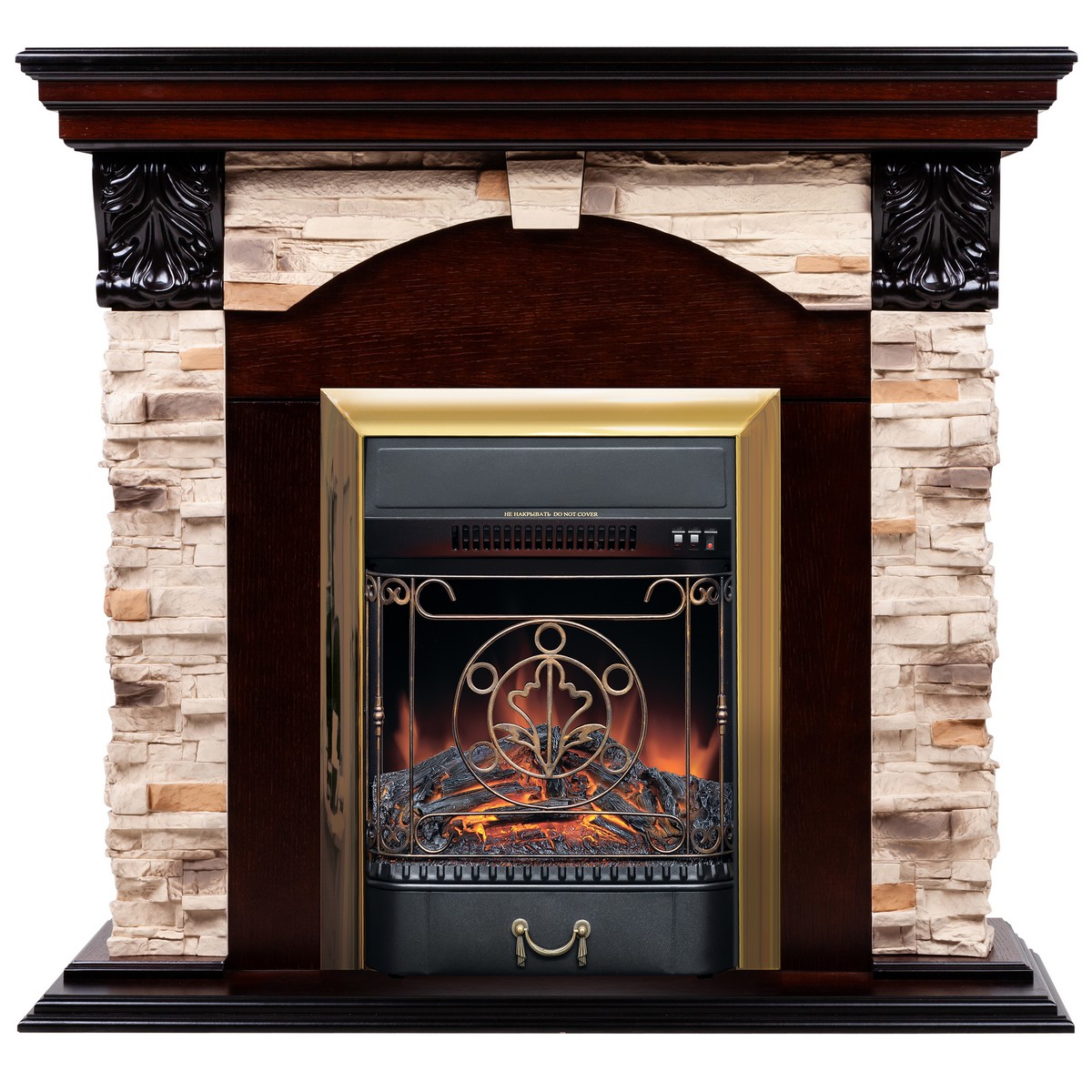 

Электрокамин RealFlame Dublin Rock AO с Majestic Lux BR, звук потрескивания дров, Электрокамин Dublin Rock AO с очагом Majestic Lux Brass