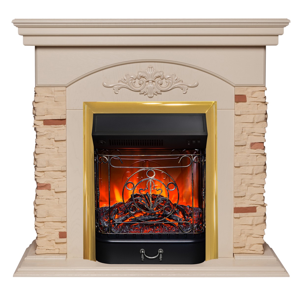 

Электрокамин RealFlame Neapolis WT с Majestic Lux BR, звук потрескивания дров, Электрокамин Neapolis WT с очагом Majestic Lux Brass