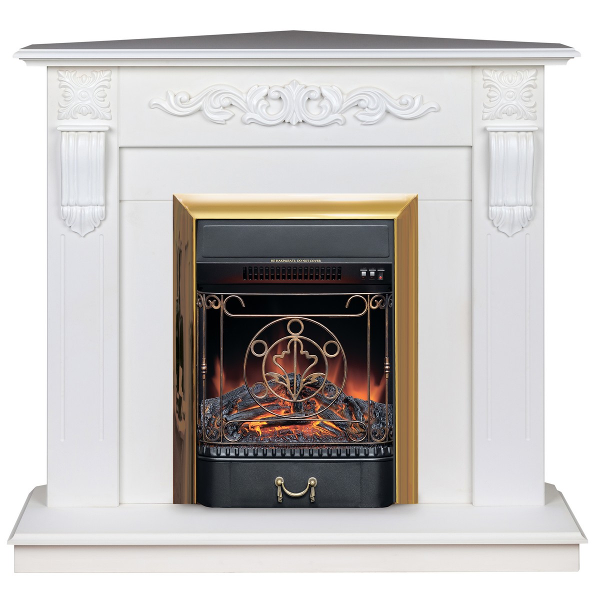 

Электрокамин RealFlame Dominica Coner WT с Majestic Lux BR S, угловой, Электрокамин Dominica Corner WT с очагом Majestic Lux Brass