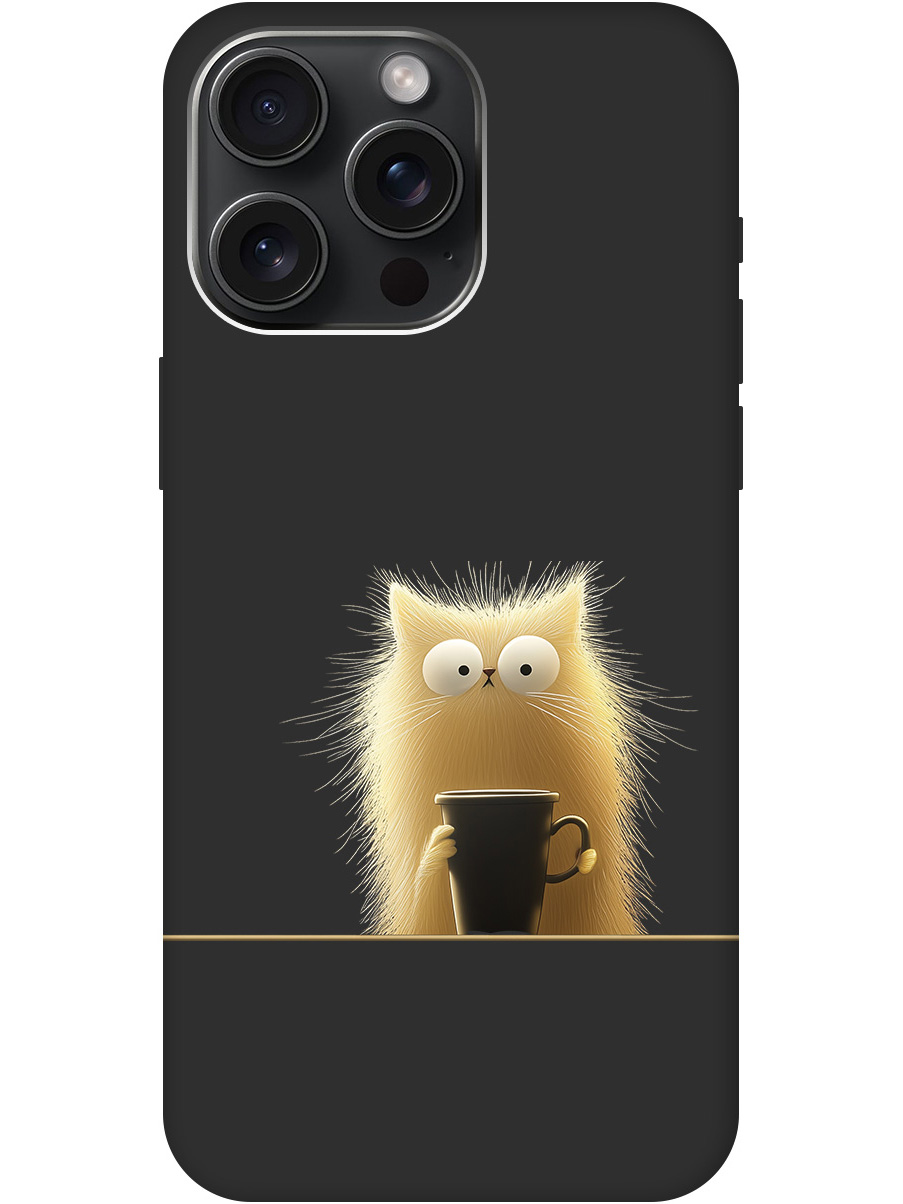 

Силиконовый чехол на Apple iPhone 15 Pro Max с принтом "Котик с кружкой" матовый черный, Золотистый;белый;черный, 775148112