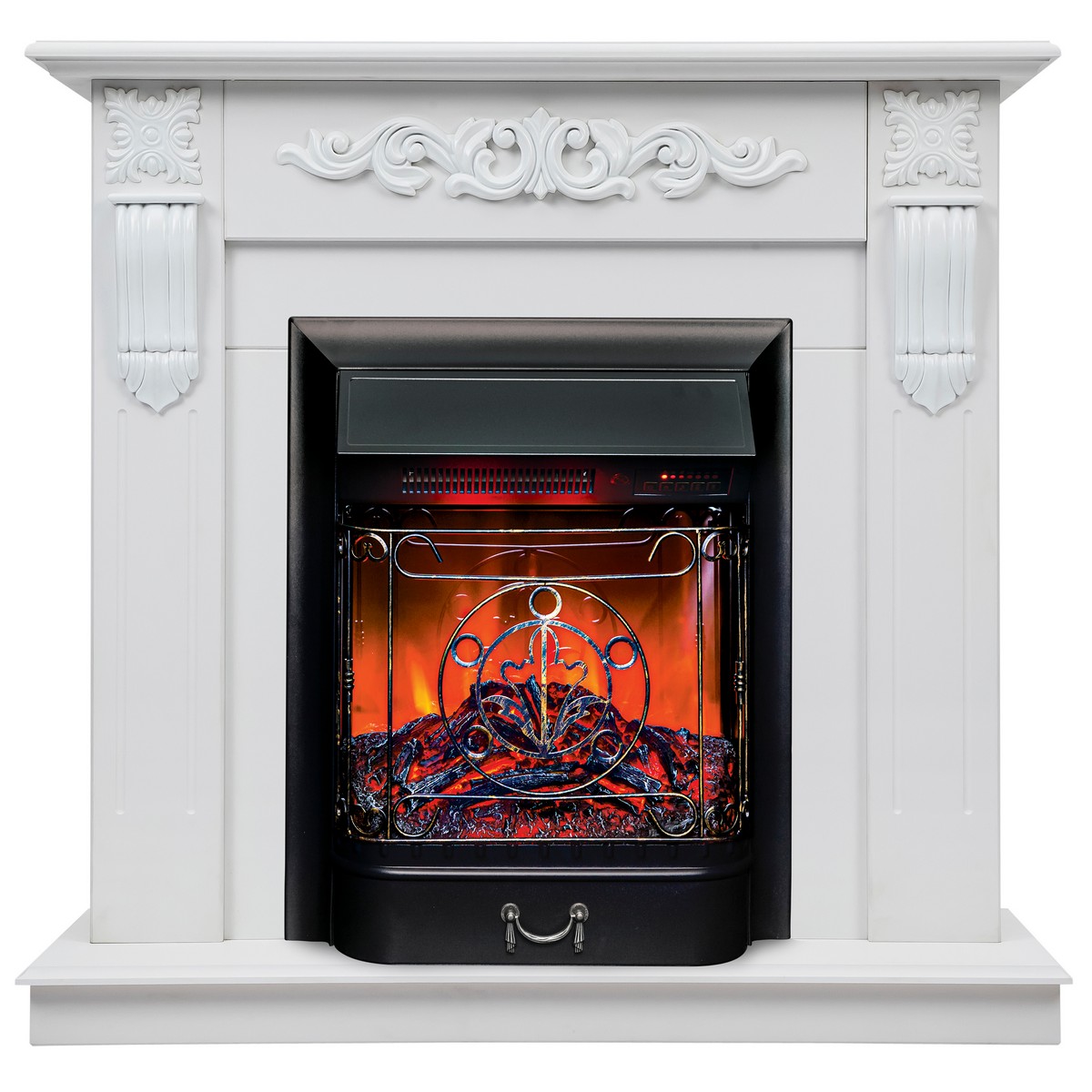 

Электрокамин RealFlame Dominica WT с Majestic Lux S BL, звук потрескивания дров, пульт ДУ, Электрокамин Dominica WT с очагом Majestic Lux Black RC