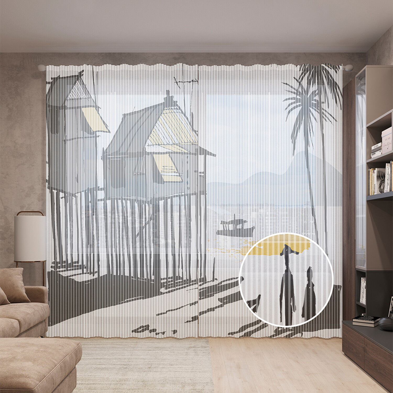 

Тюль вуаль на шторной ленте с принтом JoyArty "Домики у моря", 310х265 см, Домики у моря