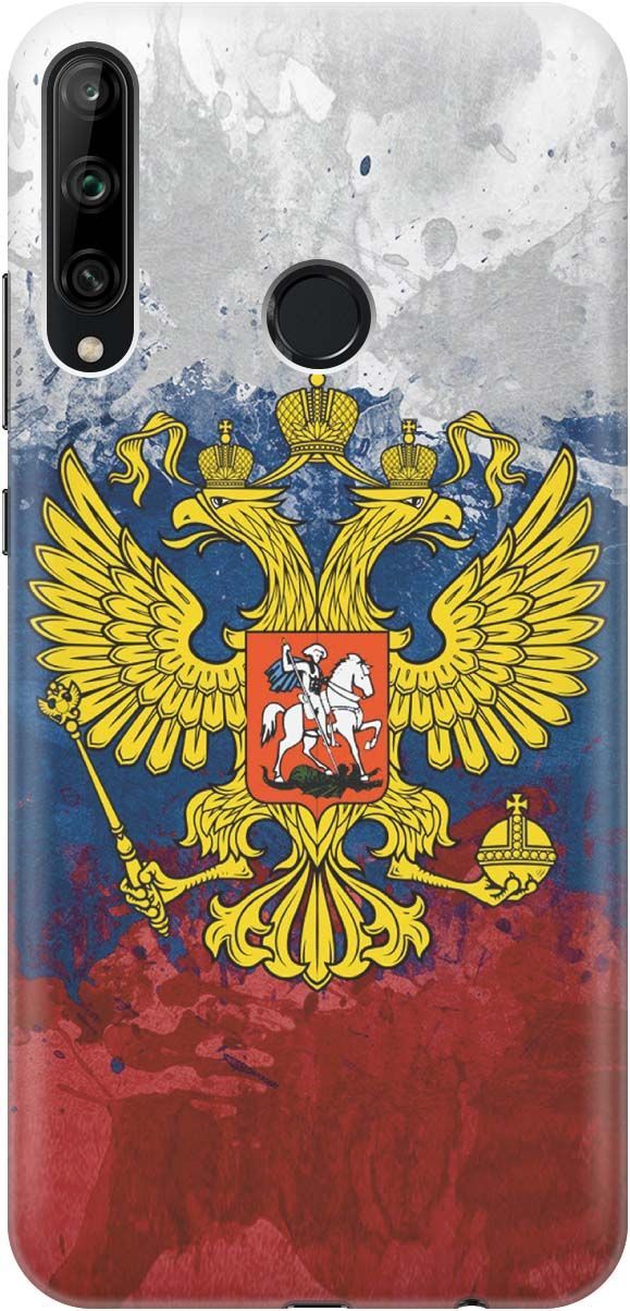 

Чехол на Honor 9C/Huawei P40 Lite E "Герб и Флаг РФ", Голубой;желтый, 357