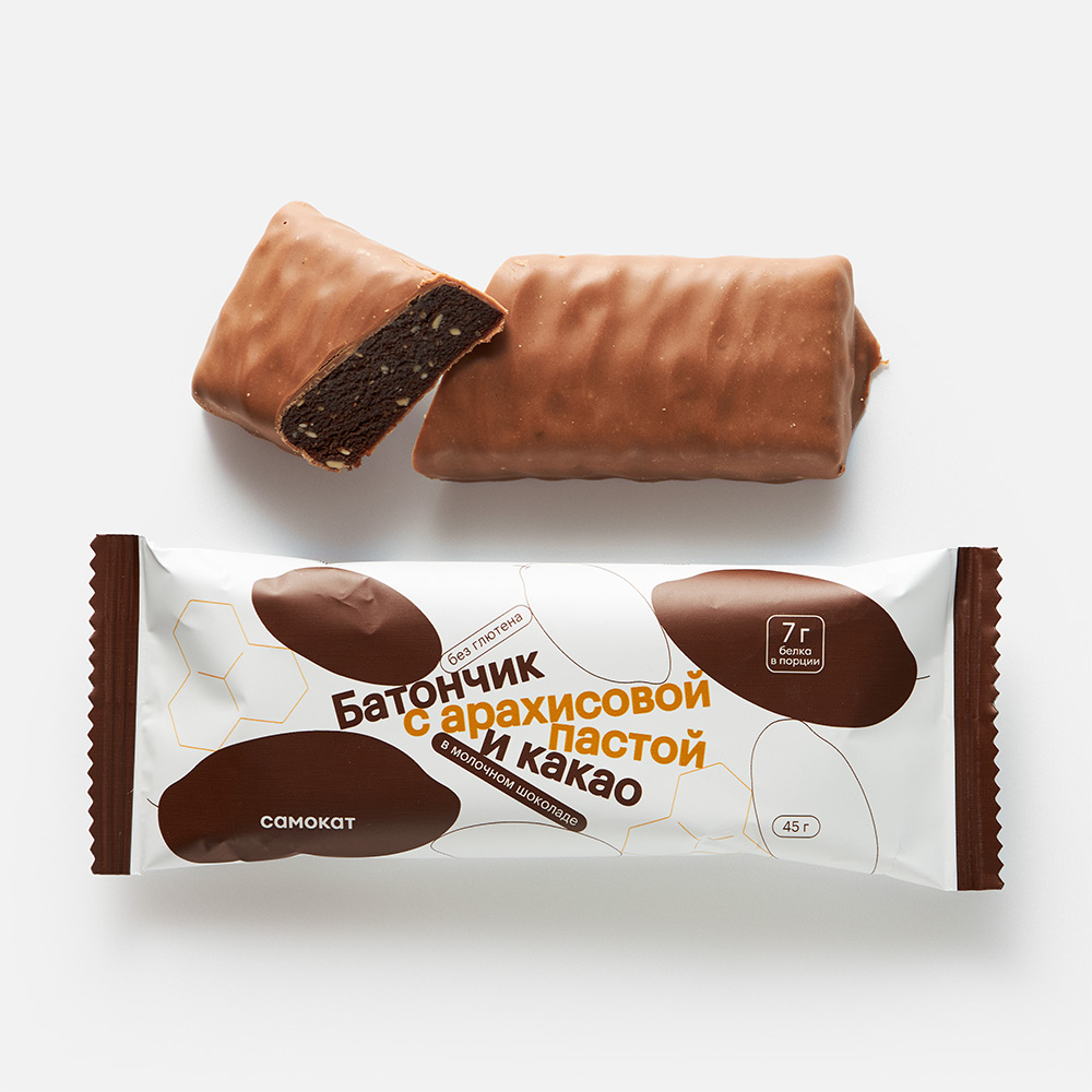 Батончик Самокат, с арахисовой пастой и какао, в молочном шоколаде, 45 г