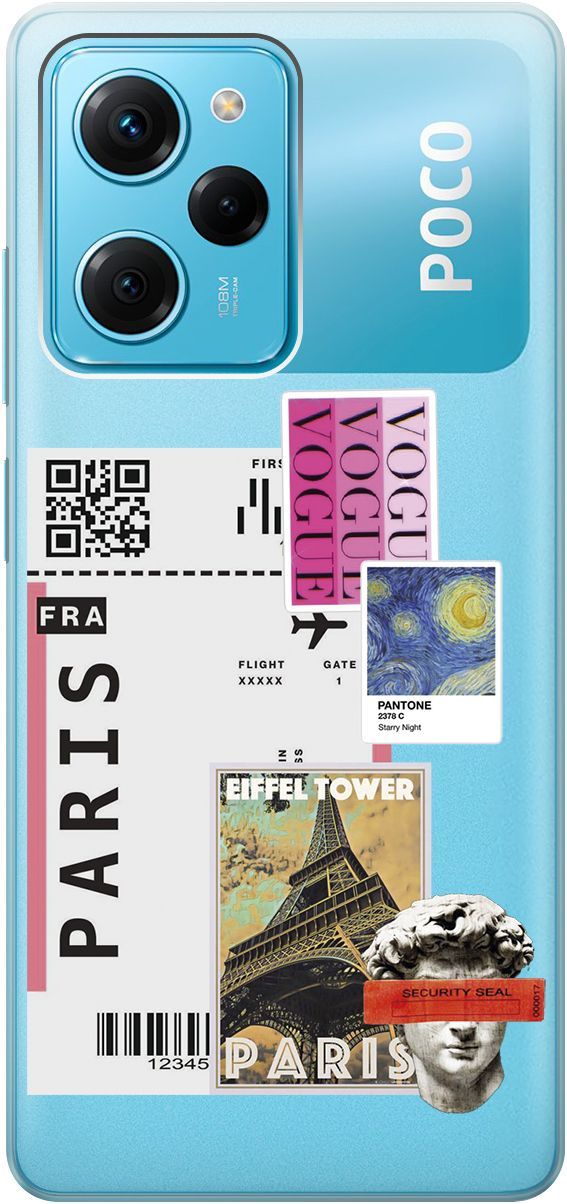 

Чехол на Xiaomi Poco X5 Pro 5G "Paris Stickers" прозрачный, Прозрачный;бежевый, 158262