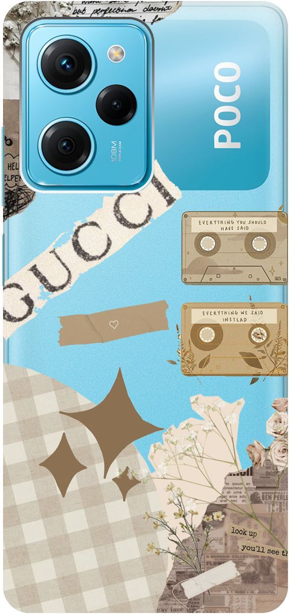 

Чехол на Xiaomi Poco X5 Pro 5G "GUCCI Stickers" прозрачный, Прозрачный;бежевый, 158262