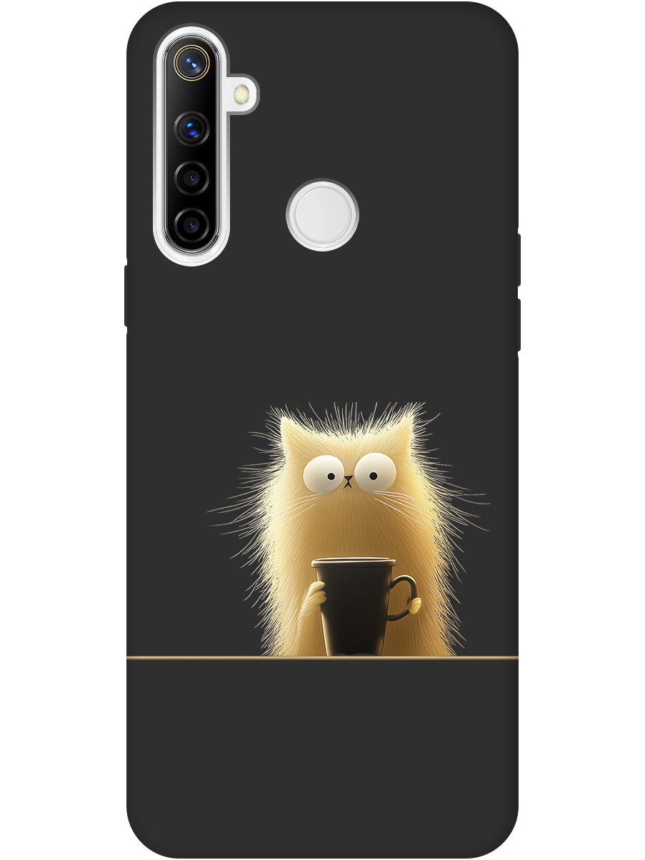 

Силиконовый чехол на Realme 5 / 6i / C3 с принтом "Котик с кружкой" матовый черный, Золотистый;белый;черный, 726149612