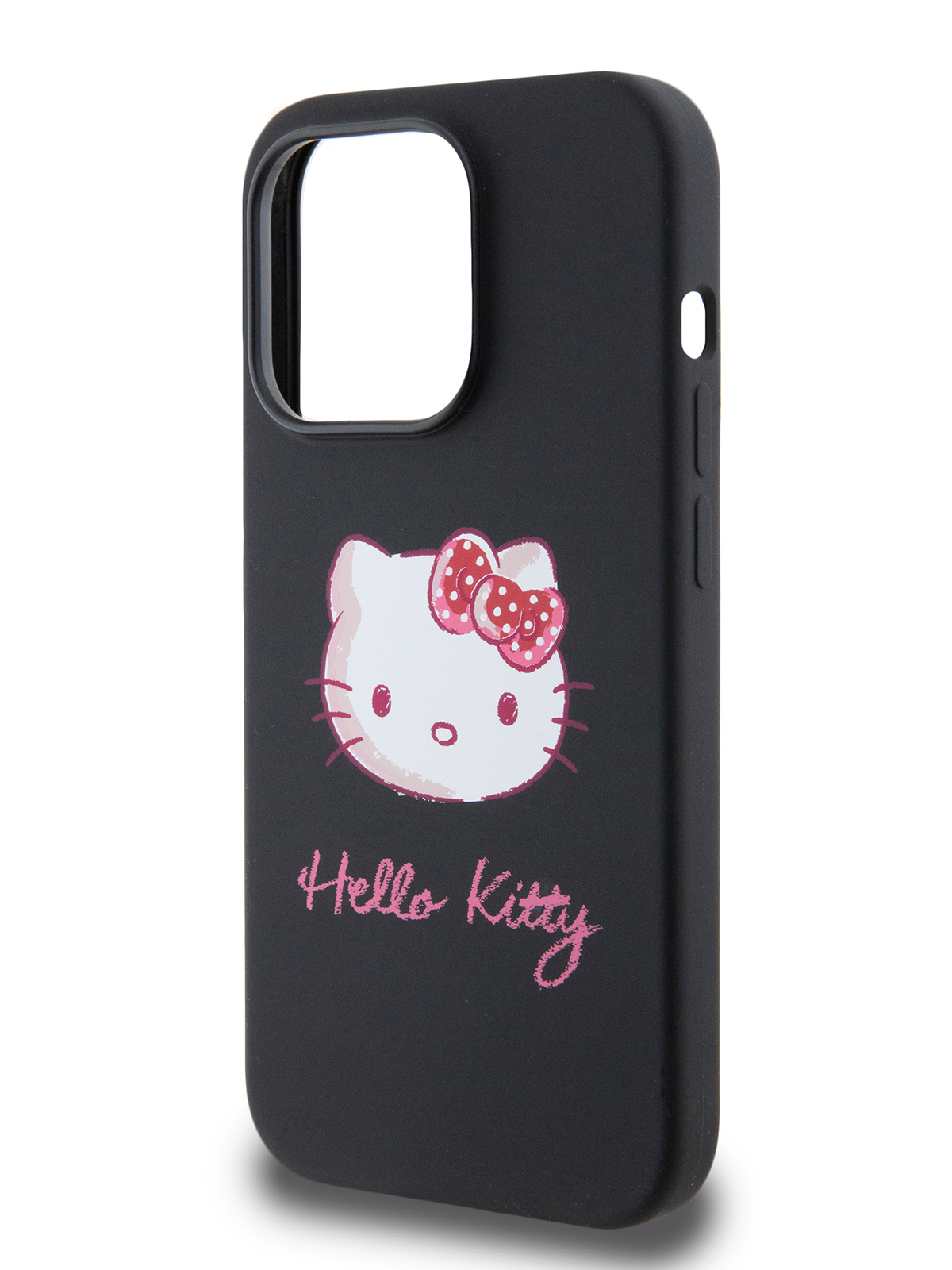 Чехол Hello Kitty для iPhone 15 Pro силиконовый с эффектом Soft touch черный