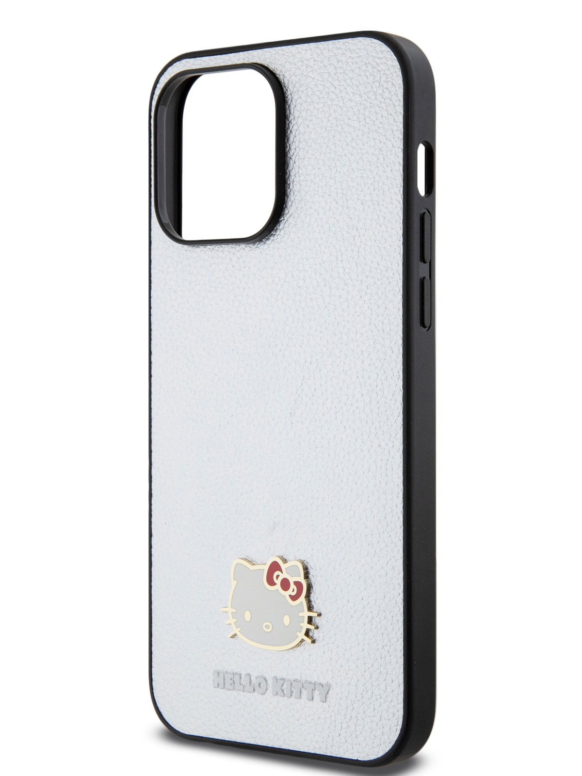 Чехол Hello Kitty для iPhone 15 Pro Max из экокожи со значком Kitty Head,серебристый