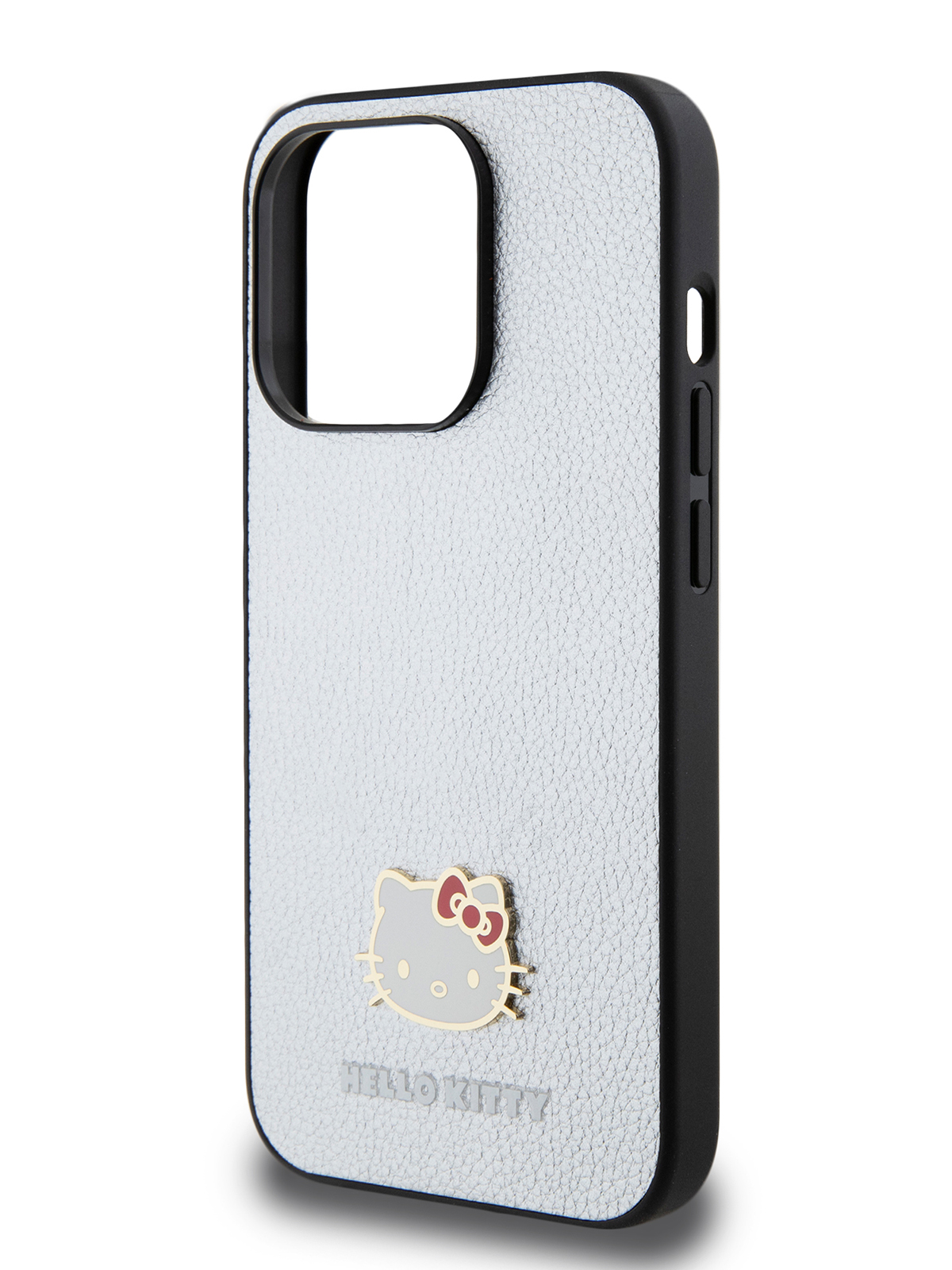 Чехол Hello Kitty для iPhone 15 Pro из экокожи со значком Kitty Head,серебристый