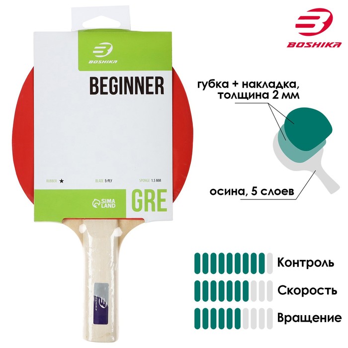 фото Ракетка для настольного тениса boshika beginner 1*, для любит., накл. 1,5 мм, прямая ручка