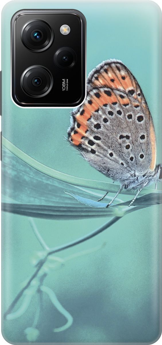

Чехол на Xiaomi Poco X5 Pro 5G "Бабочка на листке", Голубой;оранжевый, 158251
