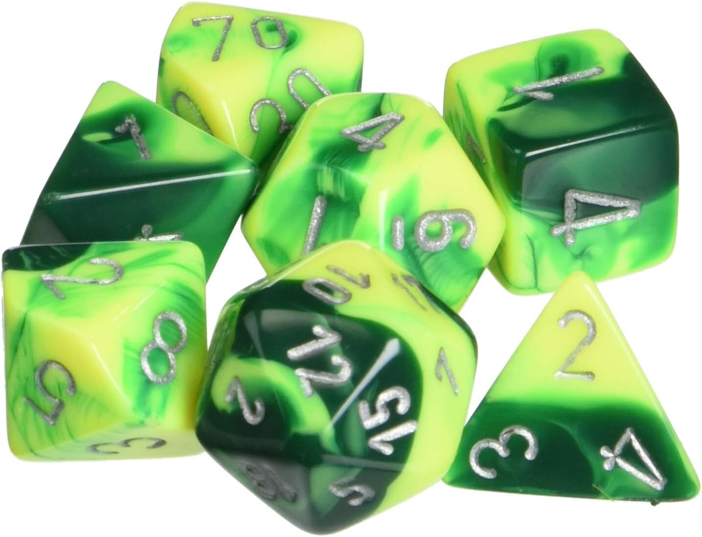 

Набор кубиков Chessex 7-dice set Gemini Green-Yellow-Silver Polyhedral, Зеленый, CHX26454