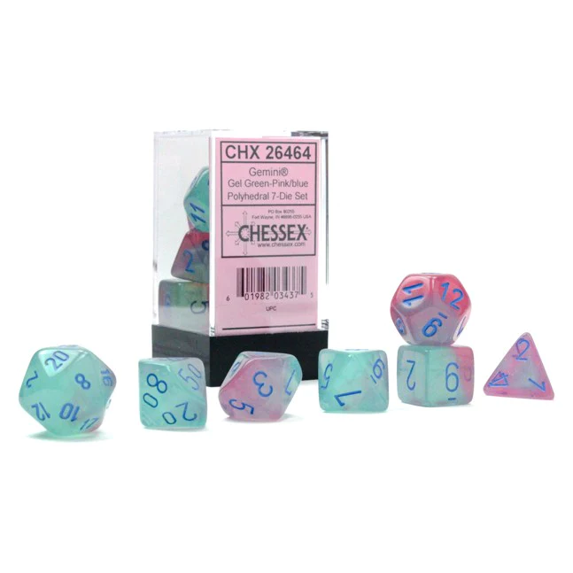 Набор кубиков Chessex 7-dice set Gemini Gel Green-Pink-Blue Luminary