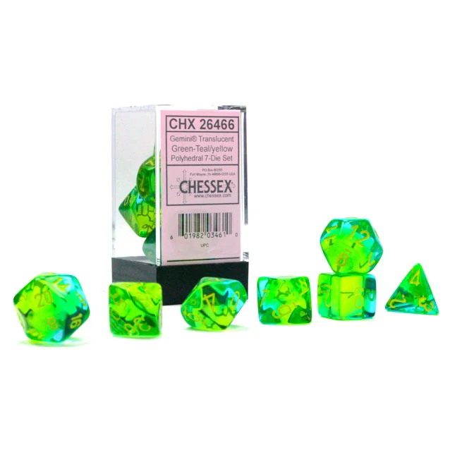 Набор кубиков Chessex 7-dice set Gemini Translucent Green-Teal-Yellow Poly