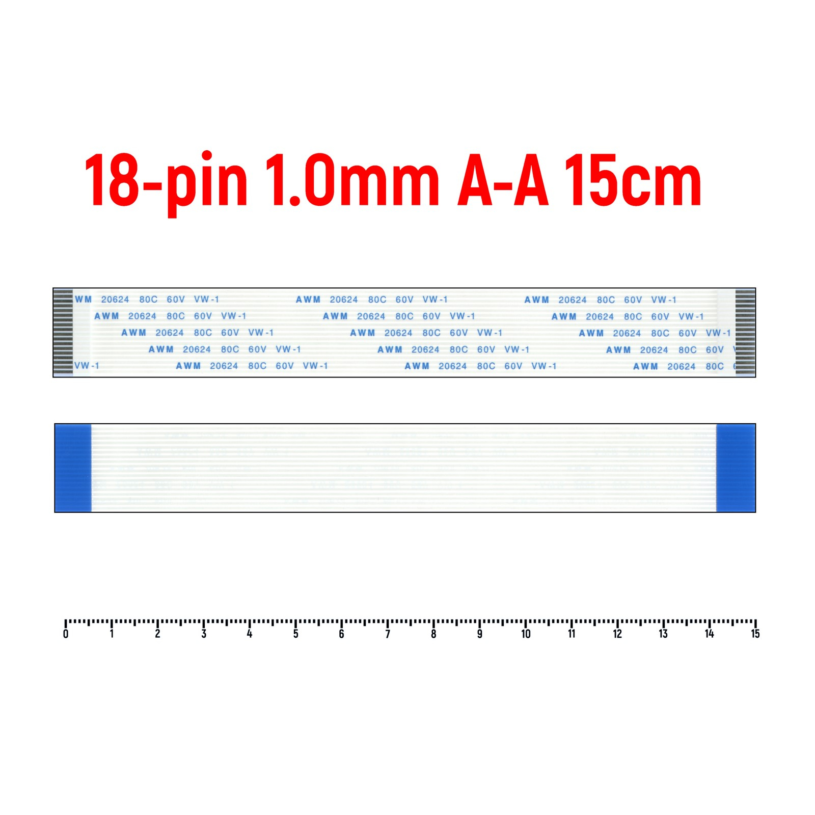 

Шлейф FFC 18-pin Шаг 1.0mm Длина 15cm Прямой A-A AWM 20624 80C 60V VW-1