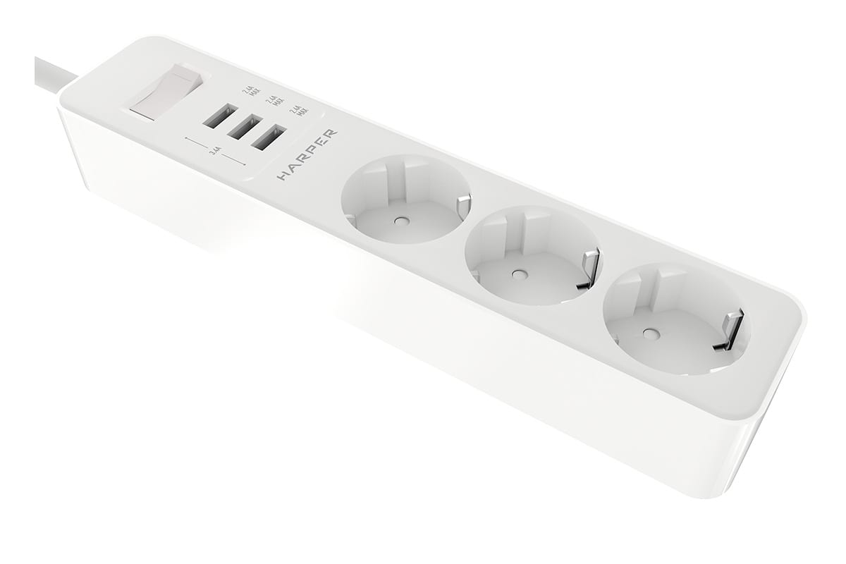 

Сетевой фильтр 1.5м белый Harper UCH-315 3 розетки, 3 USB-порта