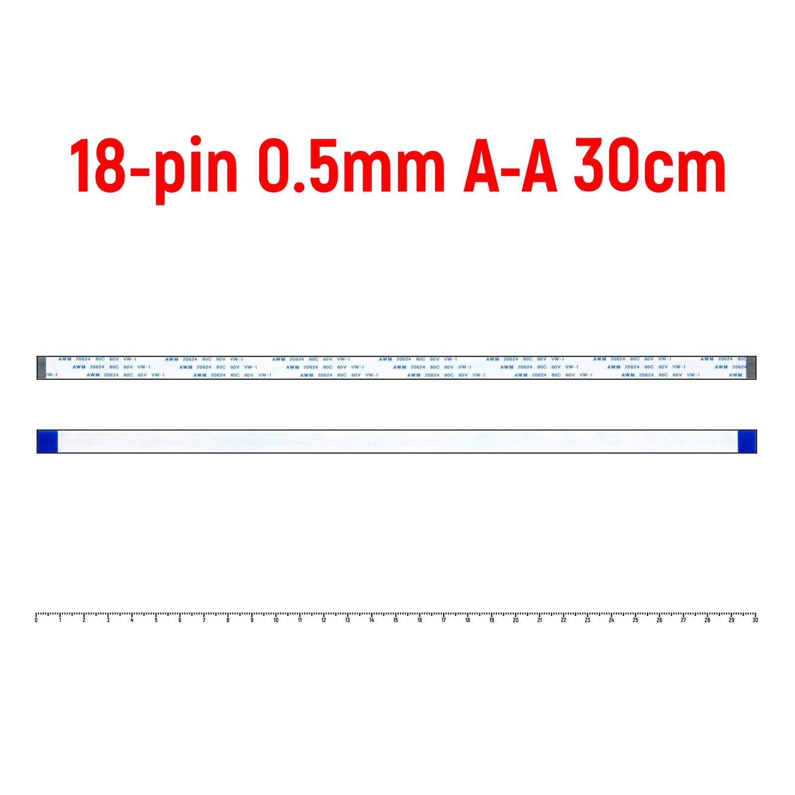 

Шлейф FFC 18-pin Шаг 0.5mm Длина 30cm Прямой A-A AWM 20624 80C 60V VW-1