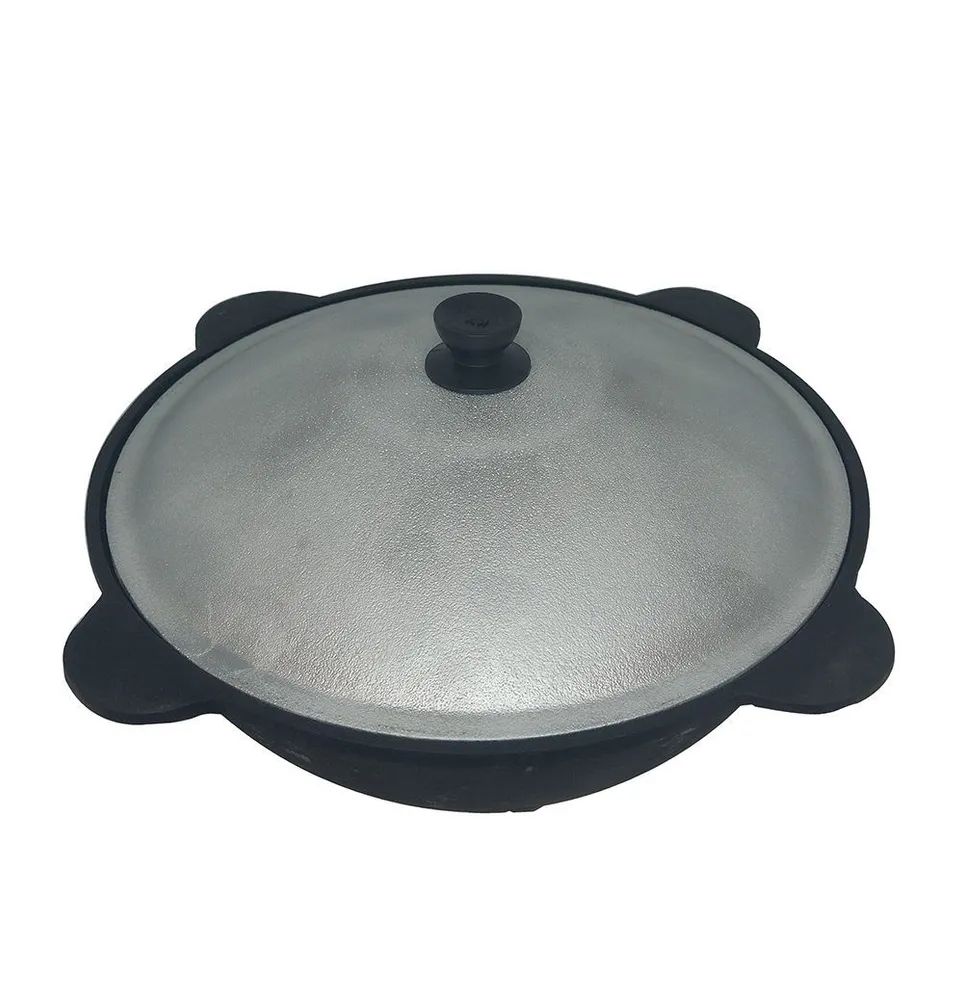 Казан Узбекский чугунный 6 литров (плоское дно) с алюминиевой крышкой