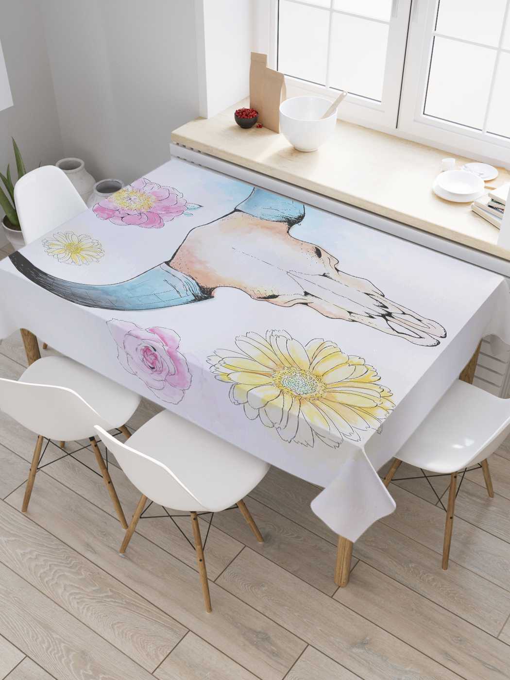 

Скатерть прямоугольная JoyArty "Цветной рогатый череп" из сатена, 180x145 см, Розовый, Цветной рогатый череп