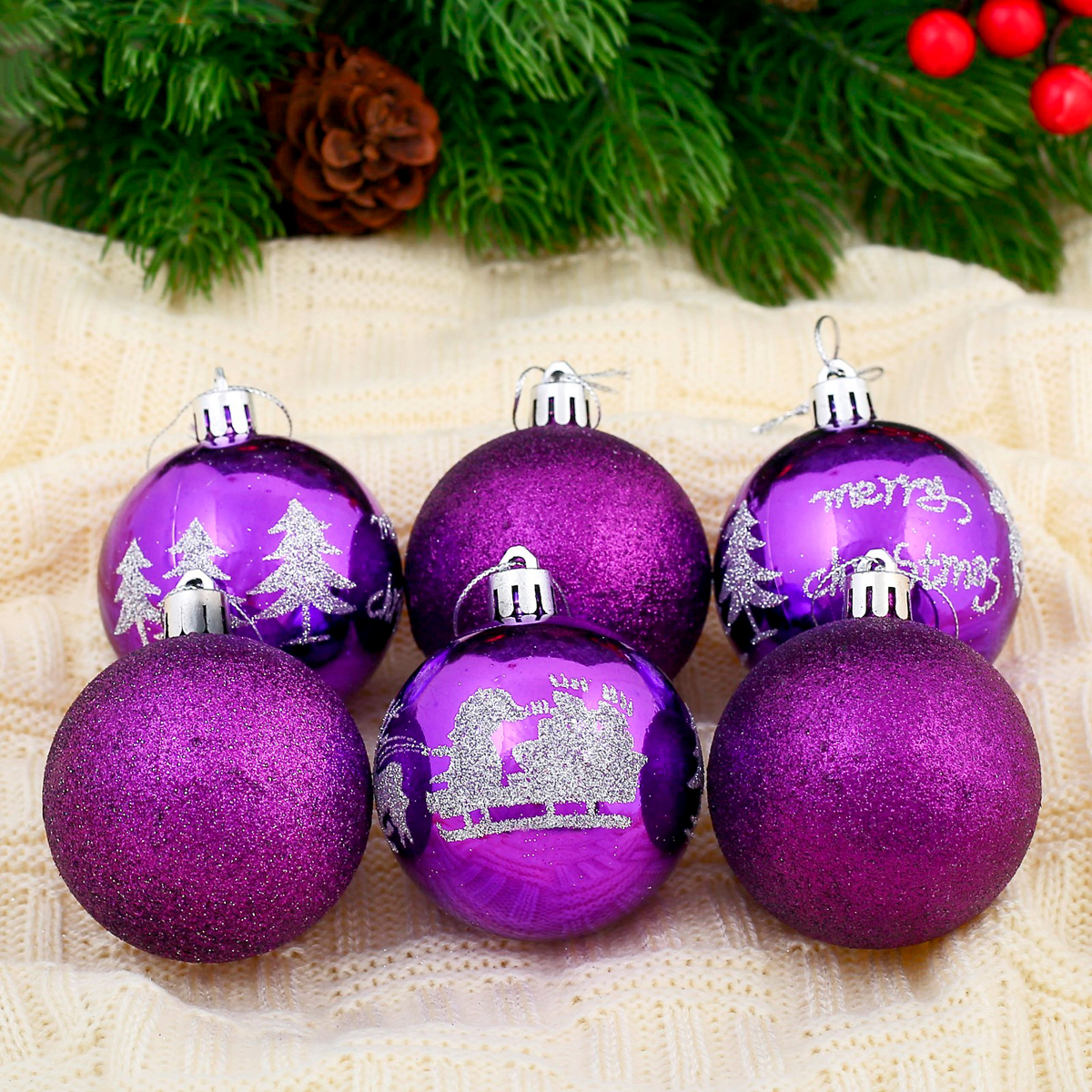 фото Набор елочных шаров зимнее волшебство новогодняя упряжка, d 6 см, 6 шт, фиолетовый