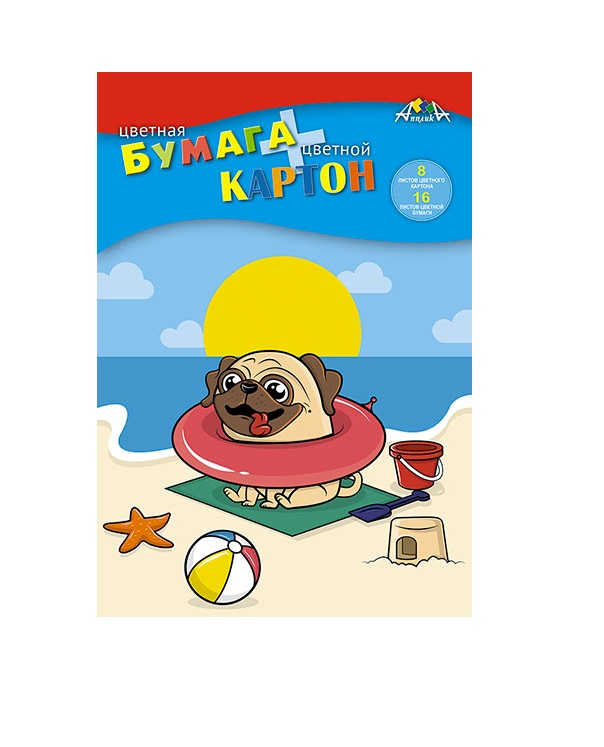 

Набор КТС картон А4 8л 8 цветов, цветная бумага 16л 16 цветов Щенок на пляже папка 50г/м2, Разноцветный, 1794775