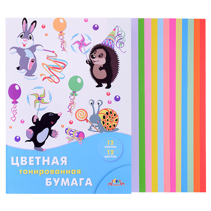 

Бумага цветная КТС А4 12л 12 цветов тонированная Праздник у зверят папка 80г/м2, Разноцветный, 1794642