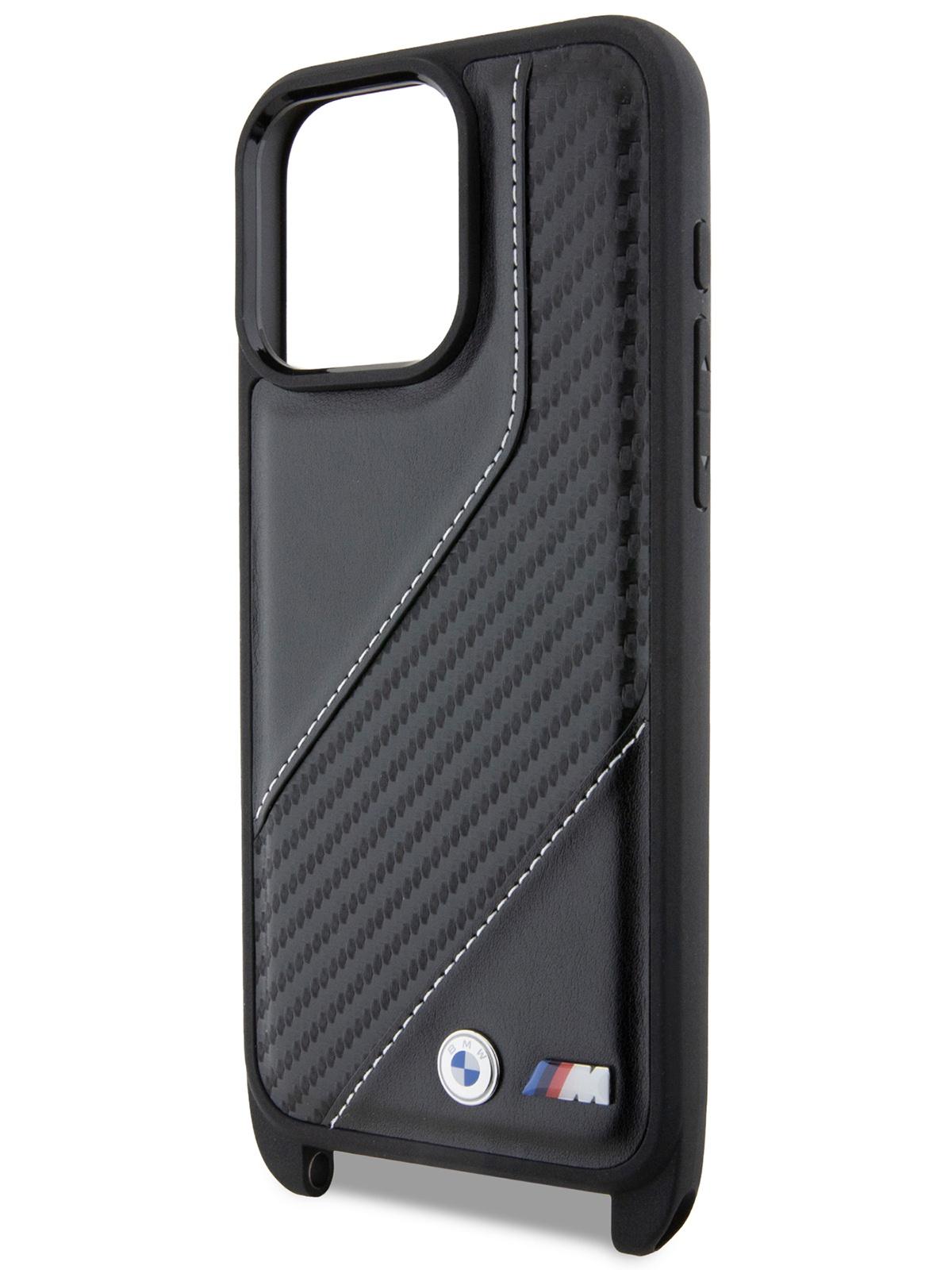 Чехол BMW для iPhone 15 Pro из экокожи с ремешком Hard Black