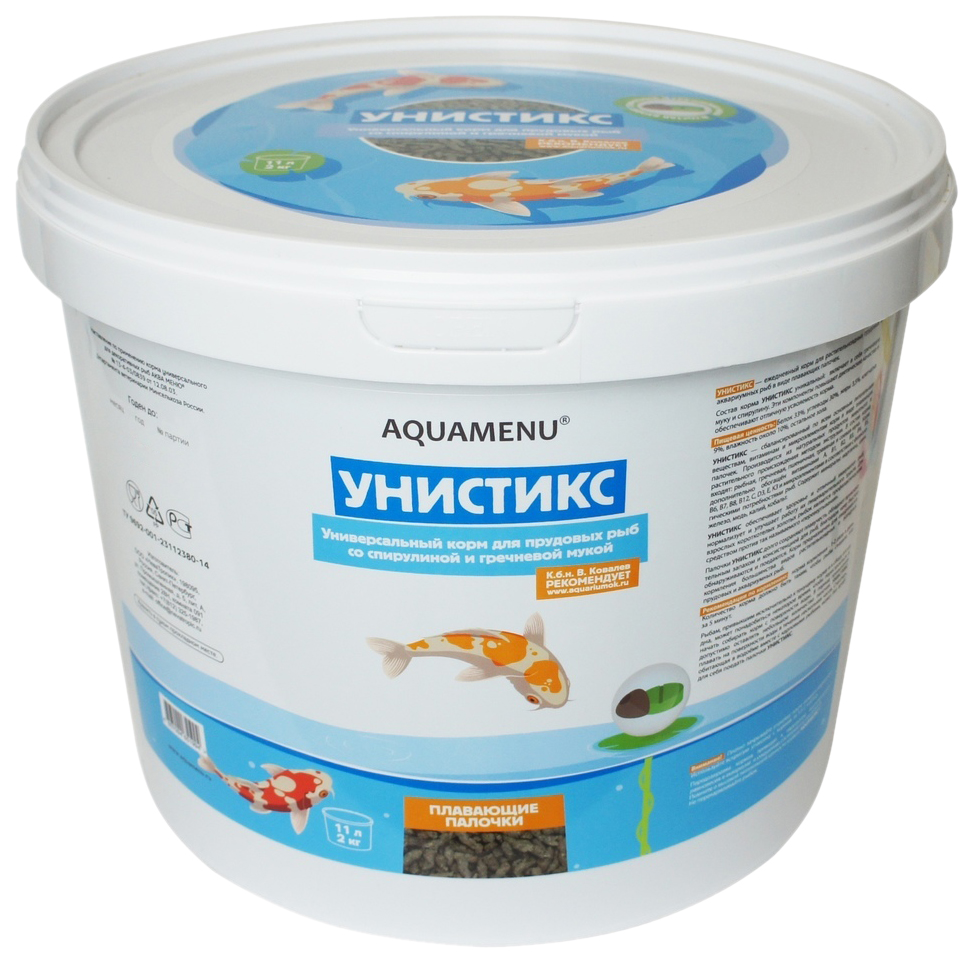 Корм для прудовых рыб Аква Меню Унистикс, со спирулиной и гречневой мукой, 11 л