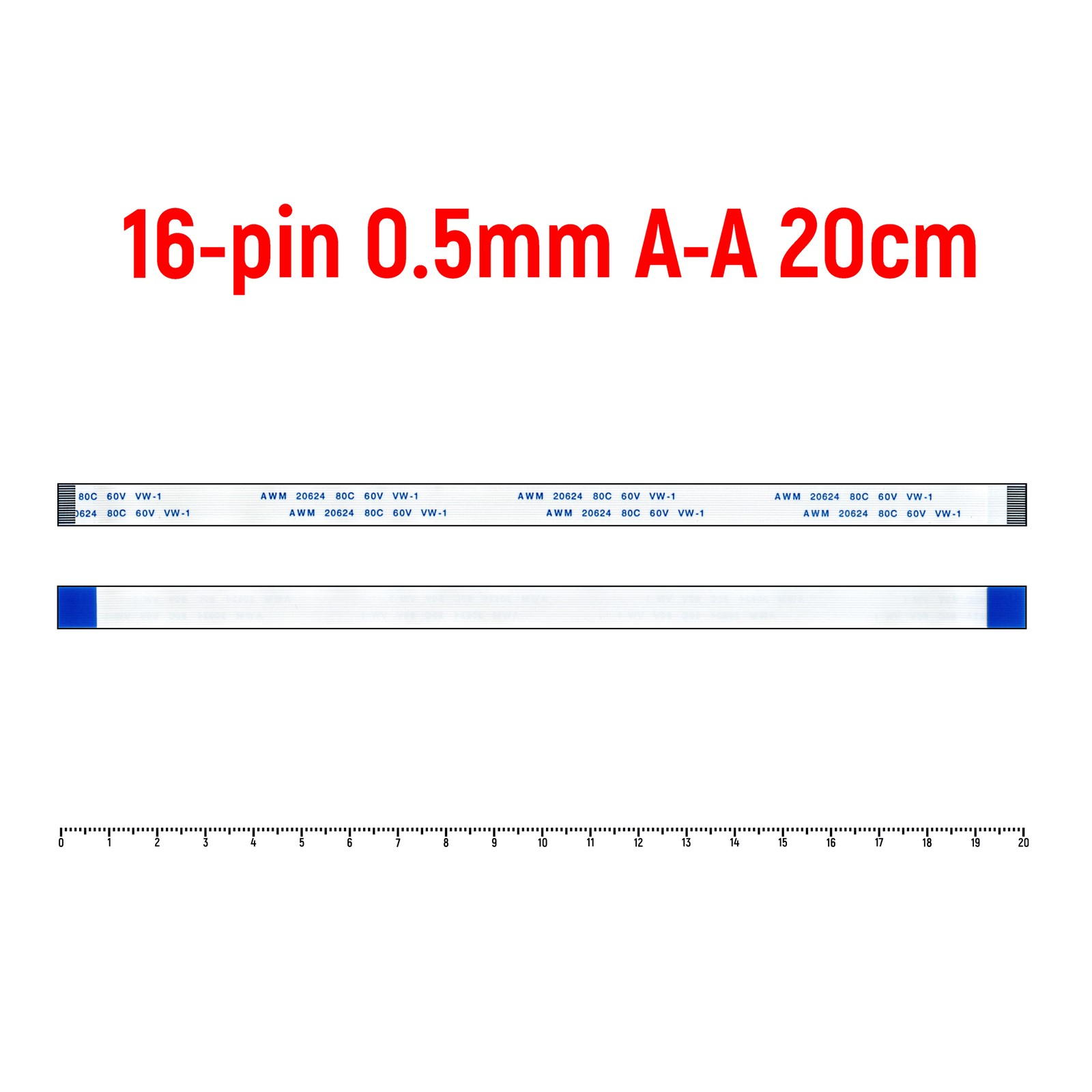 

Шлейф FFC 16-pin Шаг 0.5mm Длина 20cm Прямой A-A AWM 20624 80C 60V VW-1