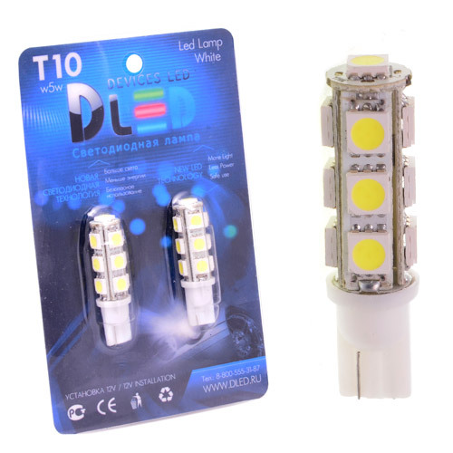 

Светодиодная автомобильная лампа T10 - W5W - 13 SMD 5050 (Комплект 2 лампы.), T10 - W5W - 13 SMD 5050