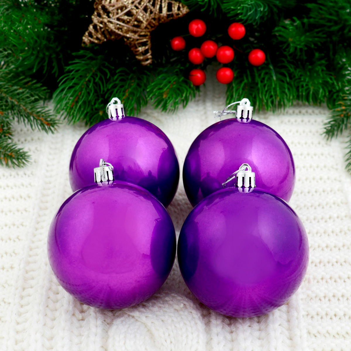 фото Набор елочных шаров зимнее волшебство глянец, d 8 см, 4 шт, фиолетовый