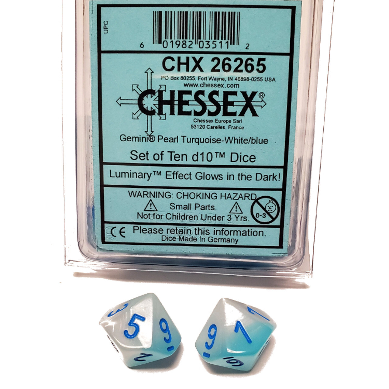 Набор кубиков Chessex 10-D10 set Gemini Luminary Pearl Turquoise White - Blue