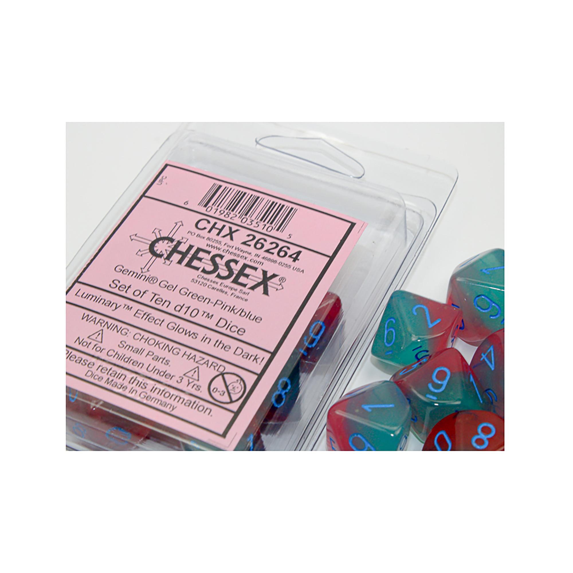 Набор кубиков Chessex 10-D10 set Gemini Luminary Gel Green Pink - Blue