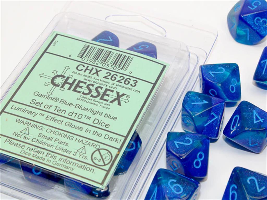 Набор кубиков Chessex 10-D10 set Gemini Luminary Blue - Light Blue