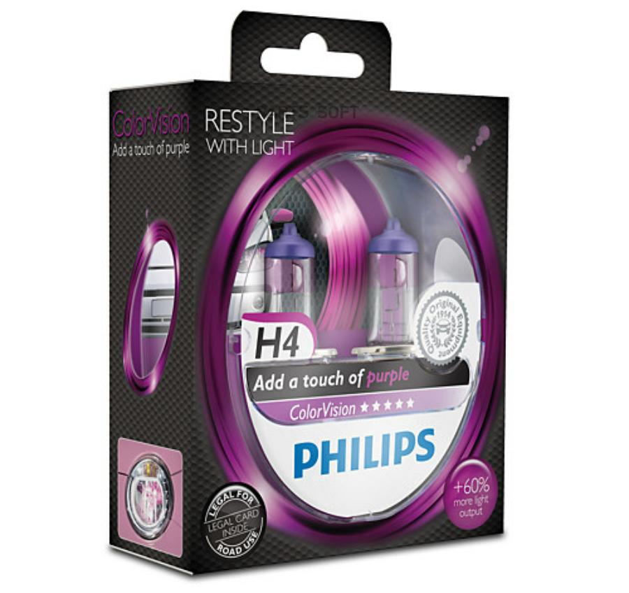 

PHILIPS Лампа галогеновая H4 ColorVision +60% фиолетовый 12V 6055W P43t-38 S2 PHILIPS 1234