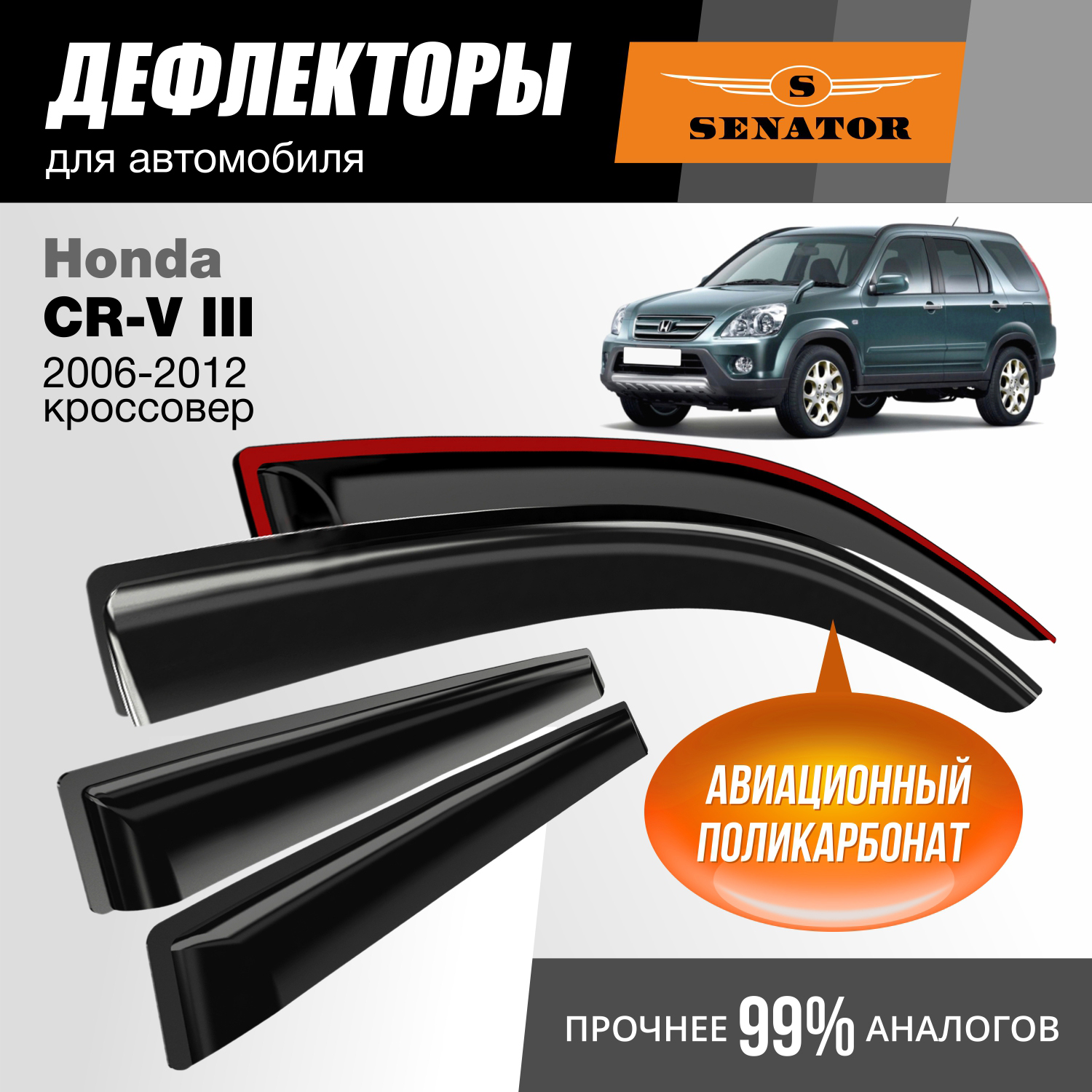 

Дефлекторы Senator Honda CR-V III (2006-2012 г.в.) кроссовер, накладные, 4шт